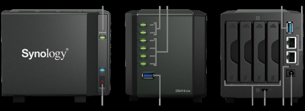 Elementy serwera Synology DiskStation Nie. Nazwa Lokalizacja Opis 1) Dioda LED Status 2) Przycisk zasilania 3) Wskaźniki LAN 4) Wskaźniki dysków twardych 5) Porty USB 3.