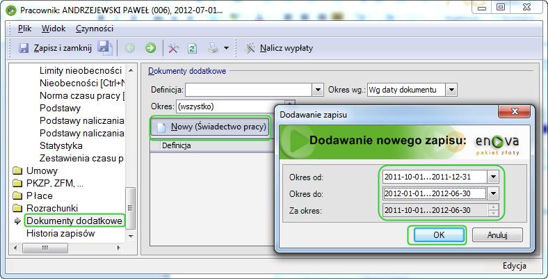 drugiej umowy terminowej. W polu Za okres program automatycznie przeliczy łączny okres, którego będzie dotyczyło świadectwo pracy, w tym przykładzie 2011-10-01 2012-06-30.