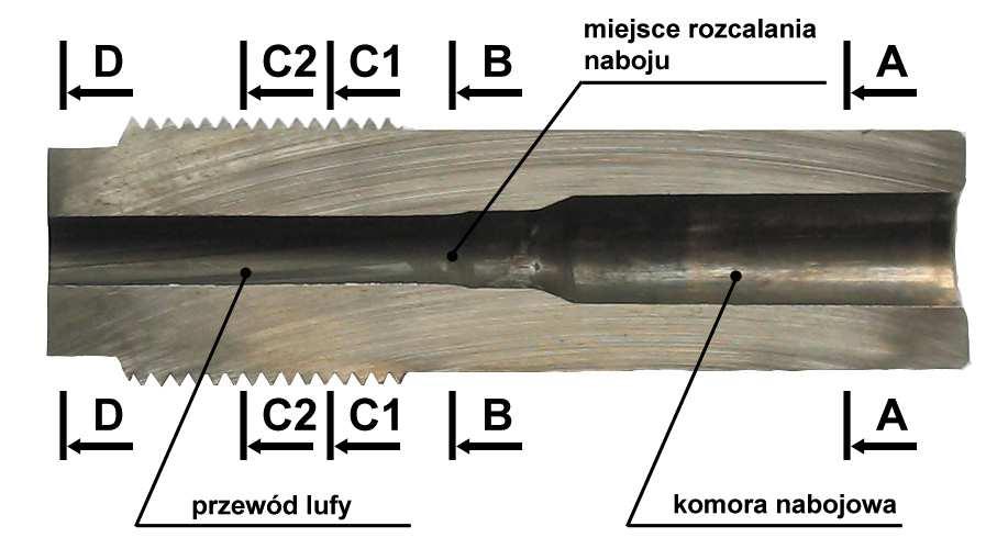 Rys. 2. Fragment lufy z zaznaczonymi badanymi przekrojami przewodu i komory nabojowej.