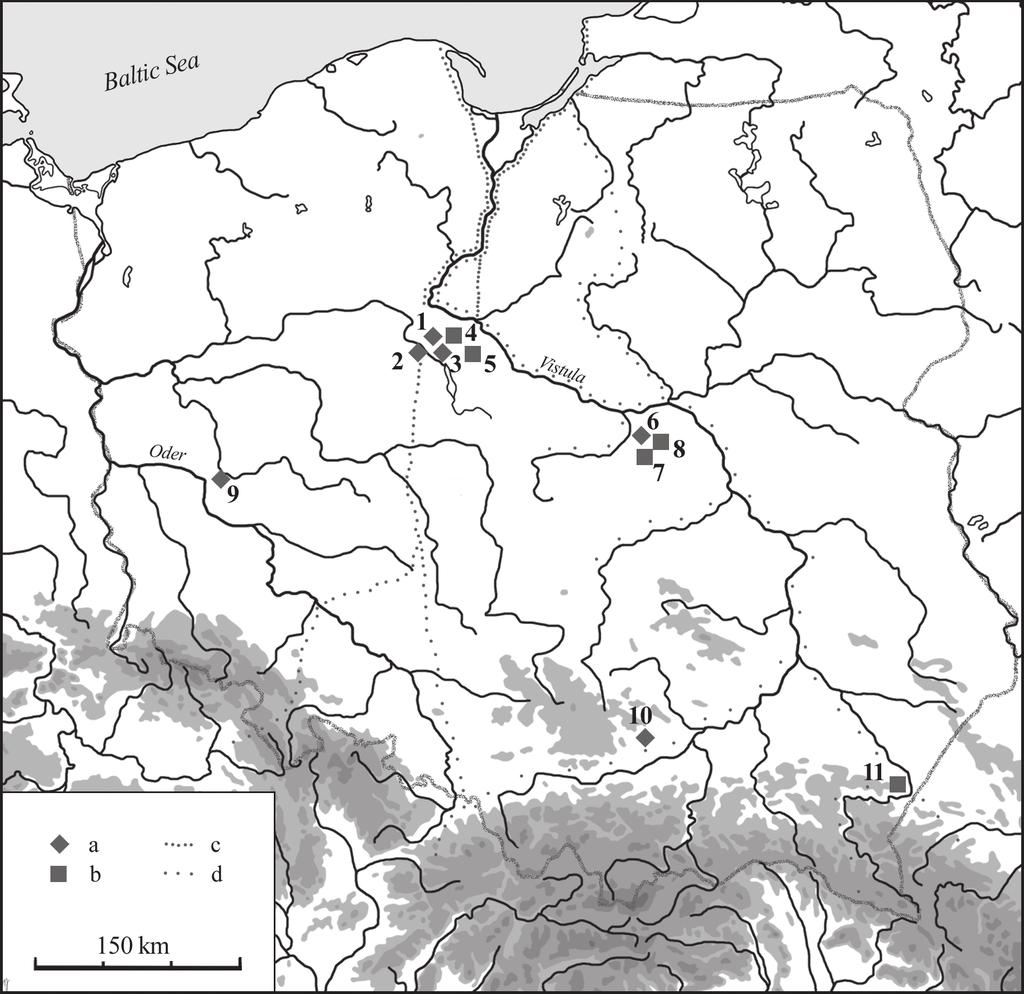A unique double burial from a Przeworsk Culture... 159 Fig. 10. Amber working sites on Przeworsk Culture territory, directions of exchange and trade in amber during the Roman Period; after P.