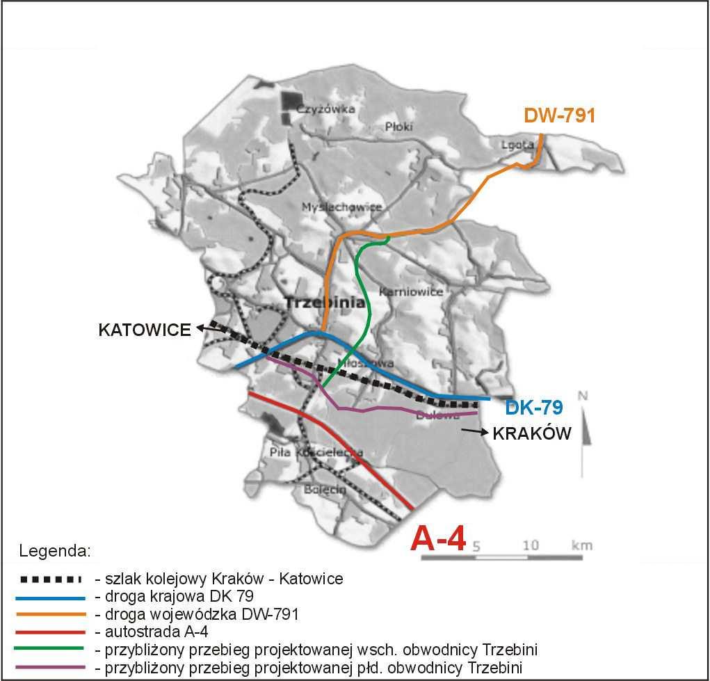 Rys. 5. Główne istniejące i projektowane drogi i szlaki kolejowe na terenie gminy Trzebinia (źródło: Urząd Miasta w Trzebini - stan aktualny na 31.05.