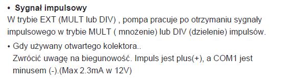 Podłączenie sygnały impulsowego umożliwia, aby pompa pracowała według impulsów wysyłanych