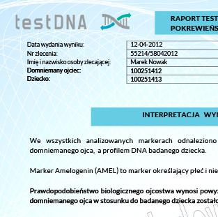 dziecka Wynik badania wykluczającego ojcostwo uzyskujemy wtedy, kiedy w co najmniej 4 z badanych markerów (poza markerem AMEL,