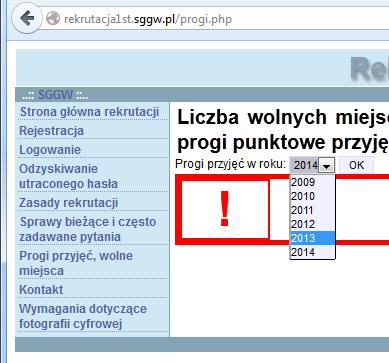 Informacje o liczbie wolnych miejsc na poszczególne kierunki oraz progi punktowe z lat poprzednich.