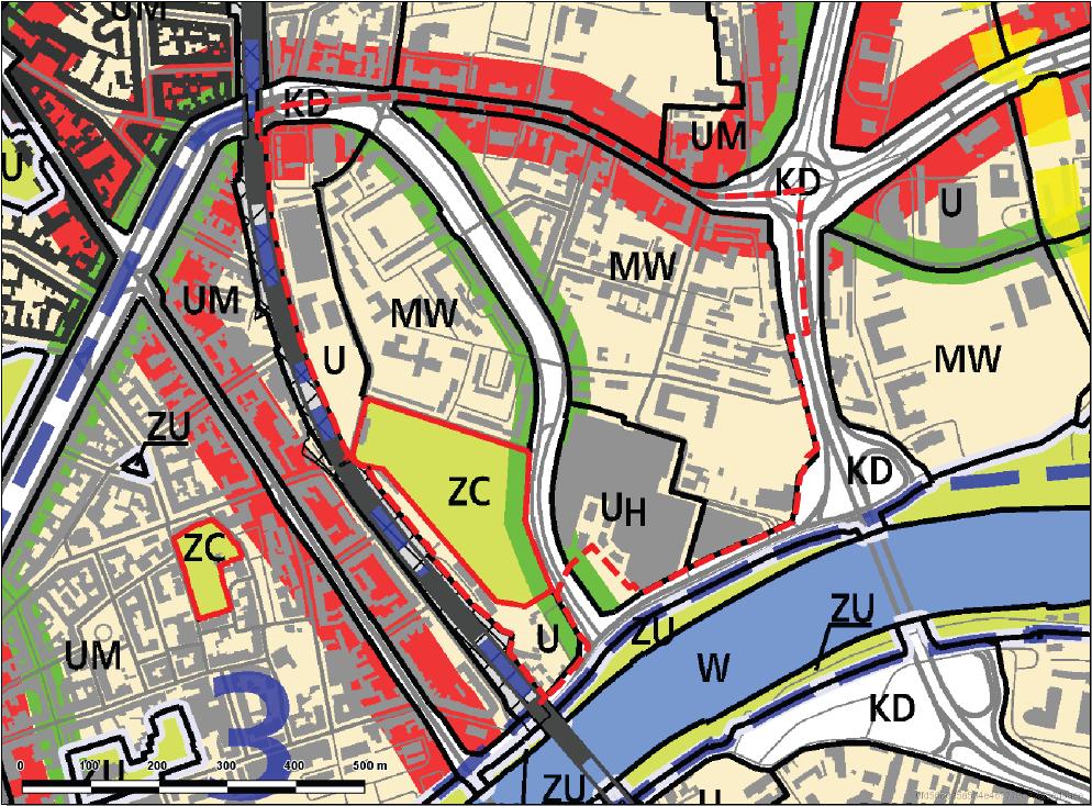 RYS. 5 FRAGMENT PLANSZY K1- STRUKTURA PRZESTRZENNA WRAZ Z GRANICĄ OBSZARU ANALIZY - POWIĘKSZENIE W analizowanym obszarze, Studium przewiduje następujące kategorie terenów: MW Tereny zabudowy