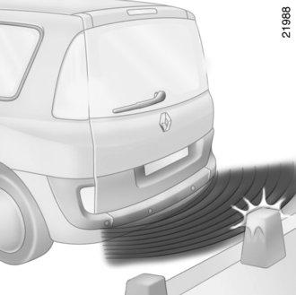 POMOC PRZY PARKOWANIU Zasada działania Czujniki ultradźwiękowe zamontowane, zależnie od wersji pojazdu, w zderzakach przednim i/lub tylnym pojazdu, mierzą odległość między pojazdem i przeszkodą.