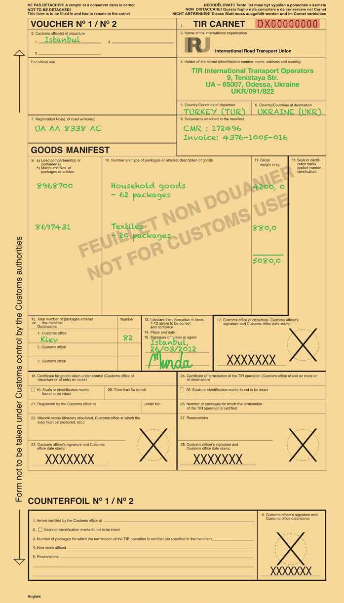 Jak wypełniać karnet TIR 5 CO Posiadacz Przed rozpoczęciem transportu Żółty manifest towarów nie do użytku celnego Żółty manifest towarów nie do użytku celnego musi zostać wypełniony przez