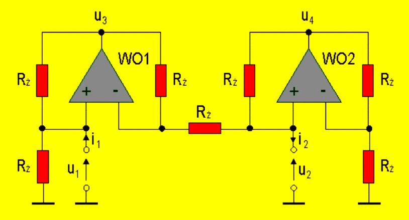 Żyrator Z bilansu prądów w węzłach na wejściach wzmacniaczy: u3 u u i = 0 z z u u i = 0 i = u3 u u u 0 = z z u4 u u u i = 0 z z u u i = 0 i = u4 u