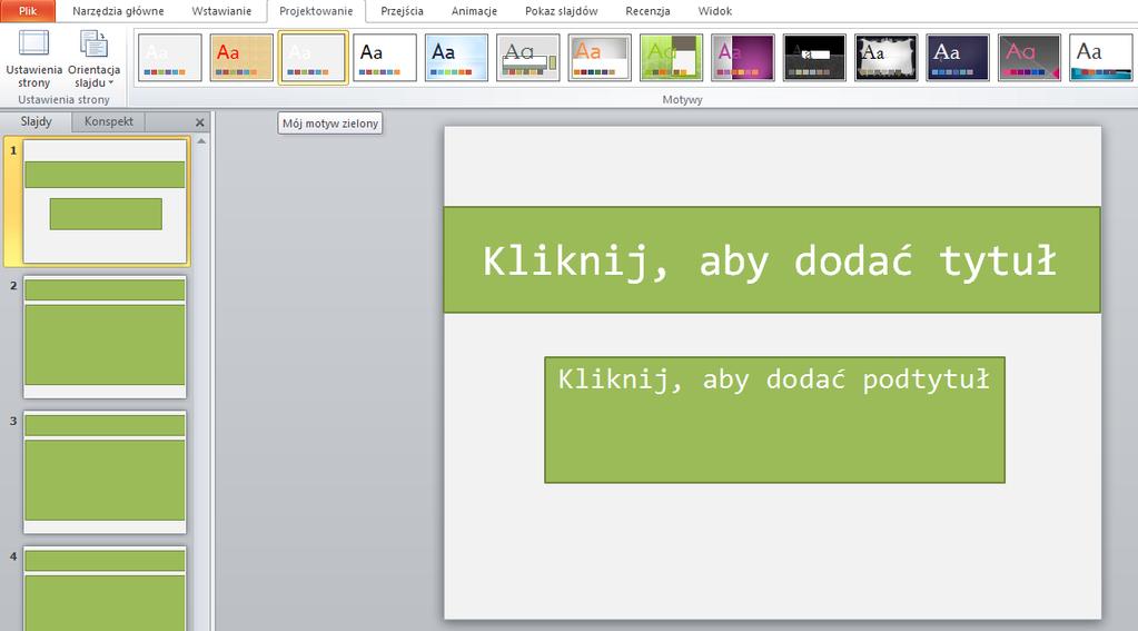 Aby sprawdzić jak został zapisany nasz motyw, otwieramy pustą prezentację lub dowolną inną. My otwieramy nowy plik PowerPointa.