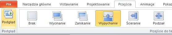 [12/23] PowerPoint Efektów przejścia pomiędzy slajdami jest znacznie więcej. W celu wyświetlenia wszystkich efektów wciskamy w grupie Przejście do tego slajdu przycisk Więcej. Rysunek 22.