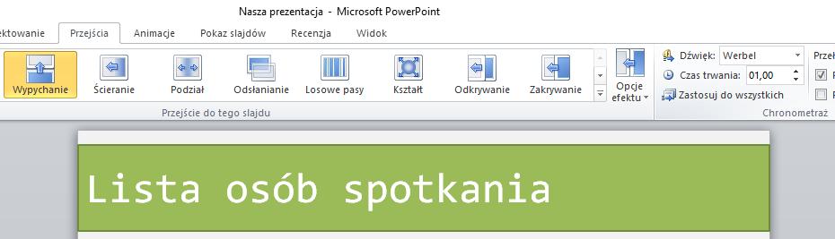 [13/23] PowerPoint Rysunek 25. Wybór dźwięku podczas przejścia slajdów W grupie Chronometraż możemy określić czas trwania efektu. Domyślnie czas ten wynosi 1 sekunda, my zwiększymy go do 3 sekund.