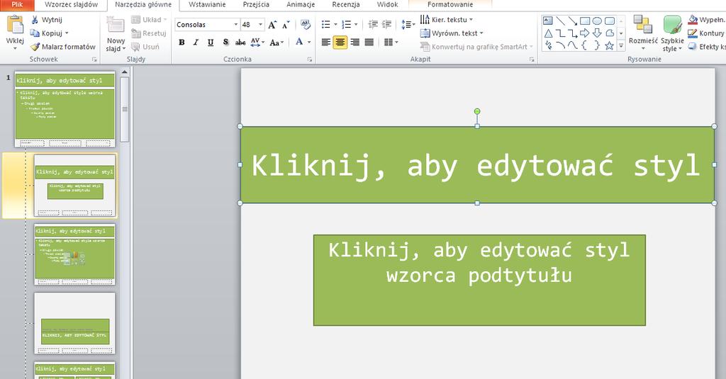 Ćwiczenie Zmodyfikuj wzorzec slajdu tytułowego następująco: 1. Pole tytułu poszerz na całą szerokość slajdu 2. Podnieś to pole do góry 3. Pole z podtytułem podnieś do góry 4.