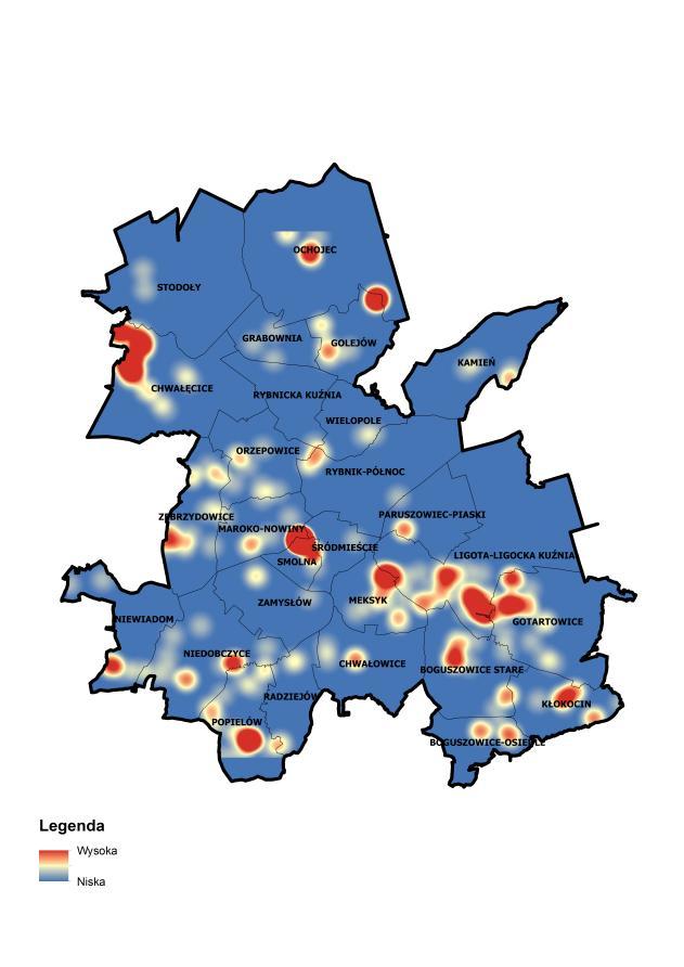 Rysunek 38. Liczba działek objętych wnioskami o zmianę studium uwarunkowań i kierunków zagospodarowania w poszczególnych dzielnicach w 2013 roku (Źródło: Opracowanie własne) Rysunek 39.