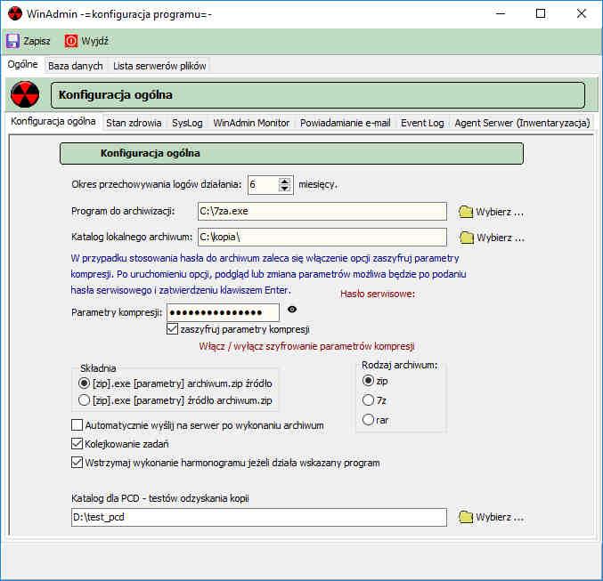 parametry kompresji istnieje tutaj możliwość podania hasła oraz zaszyfrowania parametrów kompresji zalecany parametr a (dla hasła i programu 7za.