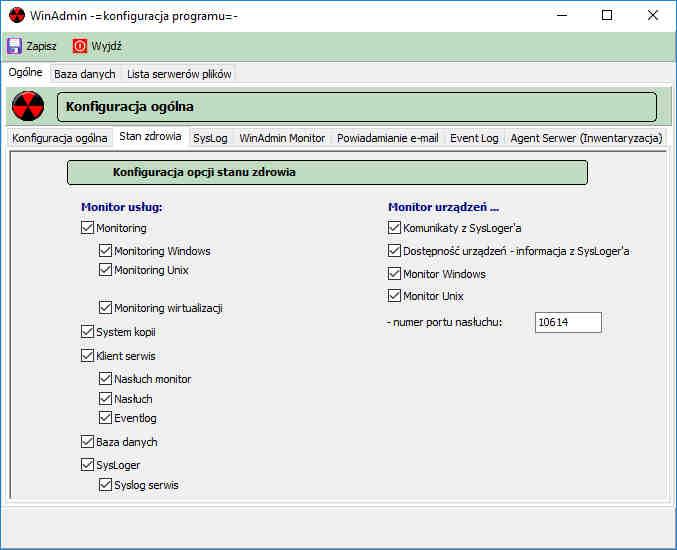 Systemu kopii Klienta serwisu (Nasłuch monitora, Nasłuch, EventLog a) Bazy danych (MySQL, który jest wykorzystywany przez program WinAdmin Replikator), SysLoger (syslog serwis) Monitor urządzeń