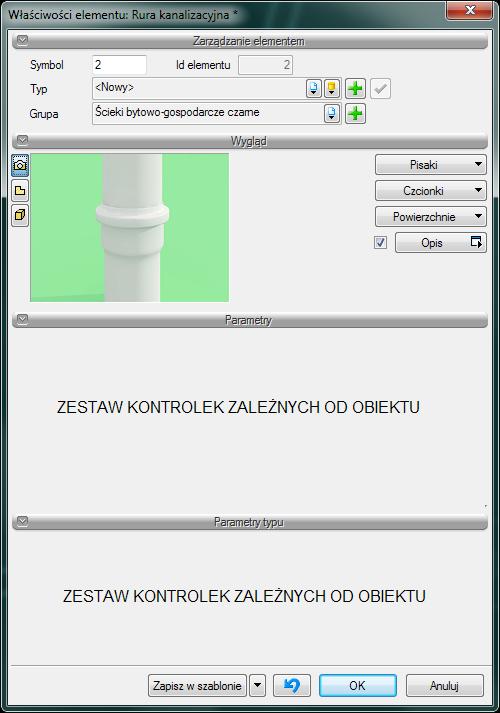 Opis i edycja obiektów Grupa - wspólne dla każdego z obiektów. Umożliwia grupowanie wybranych obiektów i wprowadzenie do Menadżera projektu.