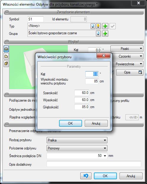 Opis i edycja obiektów Rys. 18. Dodatkowe okno dialogowe dla zdefiniowania przyboru sanitarnego. Grupa kontrolek Parametry.