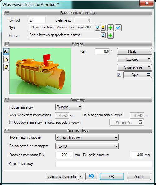 Opis i edycja obiektów Poprzez wybór przycisku lub dwuklik na wstawionym elemencie pojawia się okno definiowania własności projektowanego rodzaju armatury. Rys. 20.
