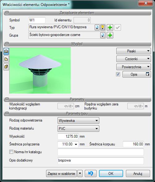 Opis i edycja obiektów Rys. 24. Okno własności odpowietrzenia Grupa kontrolek Parametry.