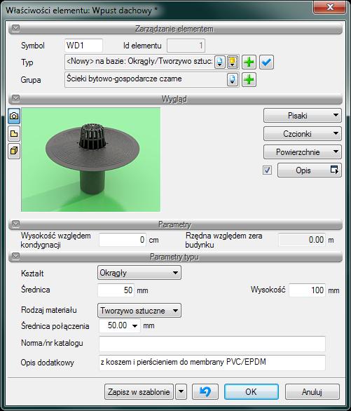 Opis i edycja obiektów Rys. 27. Okno własności wpustu dachowego. Grupa kontrolek Parametry.