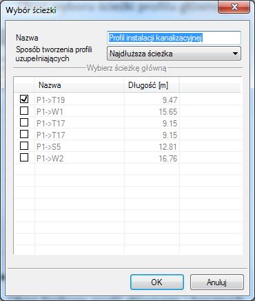 Profil podłużny odcinków instalacji Rys. 42. Okno budowy profili głównego i bocznych Po wybraniu ścieżki profilu należy wskazać miejsce wstawienia profilu na modelu.