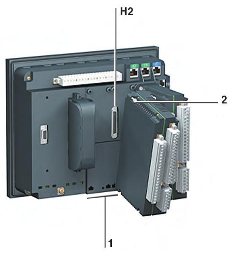 Modu y wejêç / wyjêç logicznych MES120 moduł 14 wejść / 6 wyjść Instalacja PE0026 Montaż Instalacja modułu MES120 do jednostki bazowej włóż 2 zaczepy modułu MES do gniazda 1 jednostki bazowej wyównaj