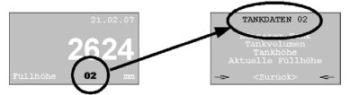 Druga sonda hydrostatyczna: ustawienie aktualnego poziomu Uruchomić menu TANKDATEN 02 i wprowadzić aktualny poziom cieczy w zbiorniku jak pokazano na rys. 12, str. 27.