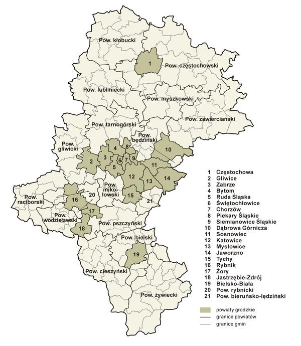 Wykorzystanie funduszy unijnych w powiatach województwa śląskiego 19 Województwo śląskie jest dosyć zróżnicowane zarówno pod względem zurbanizowania, a co za tym idzie gęstości zaludnienia, jak i