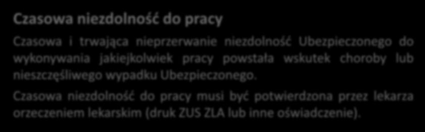 Czasowa niezdolność do pracy Czasowa niezdolność do pracy Czasowa i trwająca nieprzerwanie niezdolność Ubezpieczonego do wykonywania jakiejkolwiek pracy