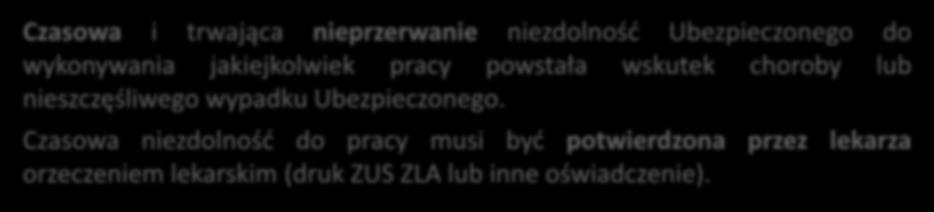 Czasowa niezdolność do pracy musi być potwierdzona przez lekarza orzeczeniem lekarskim (druk ZUS ZLA lub inne oświadczenie).