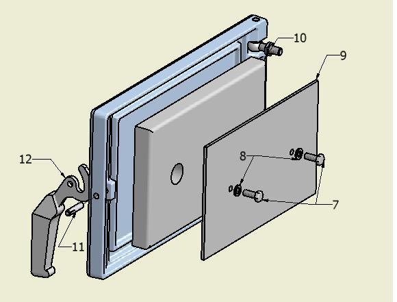 3. Kątownik zamykania drzwiczek 4. DIN 603 M8 x 16 5. DIN 934 M8 6. Blacha ze sworzniem Wykręcić i wyjąc śruby (7) wraz z podkładkami (8).