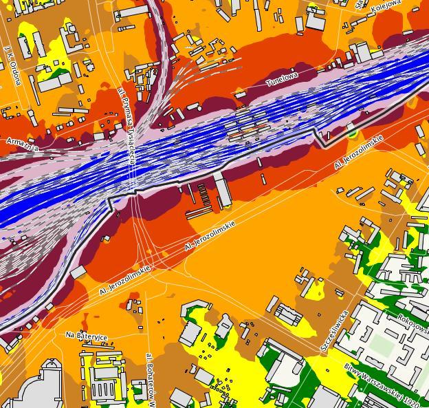 Najwi ksze przekroczenia dopuszczalnych poziomów ha asu (wska nik L DWN przekracza 75 db) wyst puj w rejonie Al. Jerozolimskich, Al. Prymasa Tysi clecia i ul. Bitwy Warszawskiej 1920r.