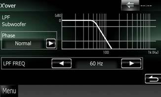 Sterowanie dźwiękiem Ustawienie zwrotnicy Można nastawić częstotliwość zwrotnicy głośników. 1 Dotknąć głośnik, by ustawić zwrotnicę w ekranie Speaker Select. 2 Dotknąć [X'over / Zwrotnica].