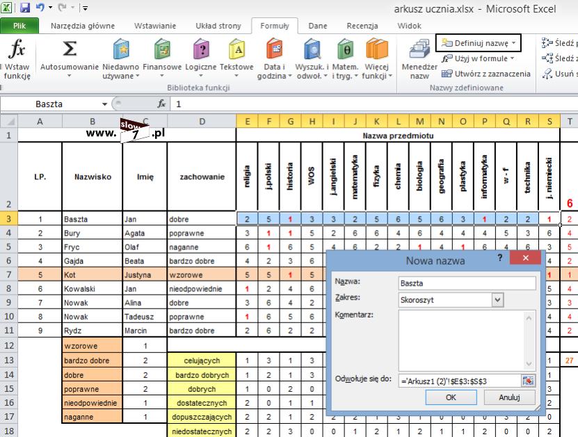 22 (Pobrane z slow7.pl) Po zdefiniowaniu nazw, możemy je użyć w formułach.