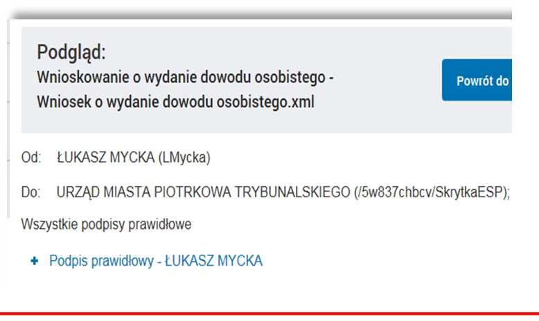 W nagłówku wniosku pojawi się potwierdzenie prawidłowości podpisu.