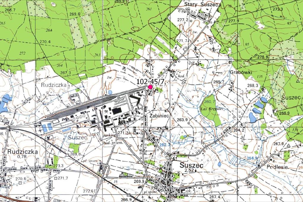 STANOWISKO ARCHEOLOGICZNE AZP 102-45/7 CZASY NOWOŻYTNE Wycinek mapy topograficznej