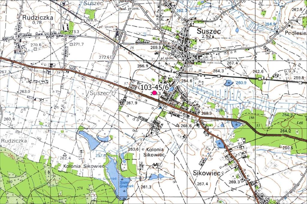 STANOWISKO ARCHEOLOGICZNE AZP 103-45/6 CZASY NOWOŻYTNE Wycinek mapy topograficznej