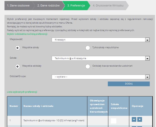 W kolumnie Operacje dostępne są przyciski pozwalające na zmianę listy wybranych preferencji (listy oddziałów do których kandydat chce ubiegać się o przyjęcie): - usunięcie oddziału z listy