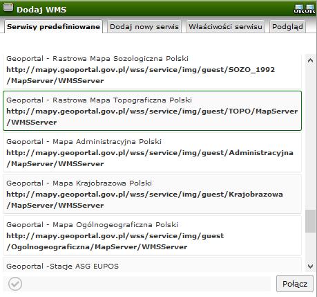 Obsługa mapy Plik (5/5) Dodaj WMS Przycisk umożliwia dodanie udostępnionej przez