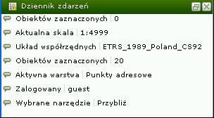 Obsługa mapy Widok (7/9) Dziennik zdarzeń Przycisk rozwija i zwija pasek dziennika zdarzeń w pasku kompozycji i