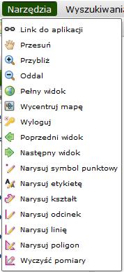 Obsługa mapy Narzędzia (1/5) Opis menu Menu narzędzia grupuje funkcje dotyczące rzeczywistej obsługi mapy.