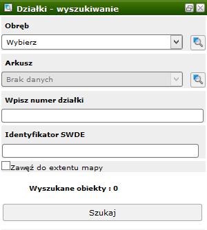 Obsługa mapy Wyszukiwarka (4/9) Działki-wyszukiwanie Narzędzie pozwala na szybkie wyszukiwanie działki.