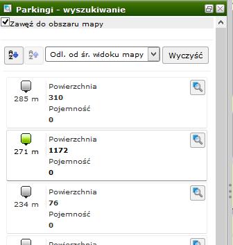 Obsługa mapy Wyszukiwarka (5/9) Parkingi-wyszukiwanie Narzędzie pozwala w łatwy i szybki sposób wyszukać parkingi.