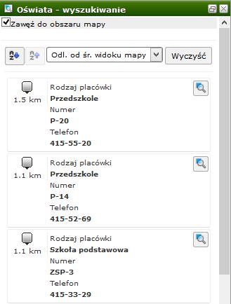 Obsługa mapy Wyszukiwarka (6/9) Oświata-wyszukiwanie Tym narzędziem można w łatwy i szybki sposób wyszukać placówki oświatowe tj. przedszkola, szkoły.