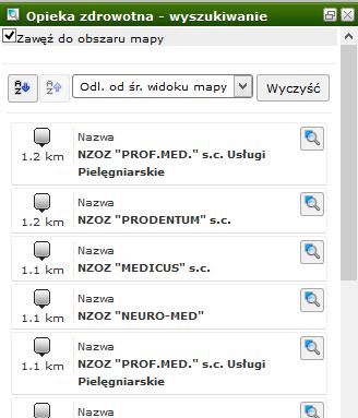 Obsługa mapy Wyszukiwarka (7/9) Opieka zdrowotna-wyszukiwanie Tym narzędziem można w łatwy i szybki sposób wyszukać placówki służby zdrowia.