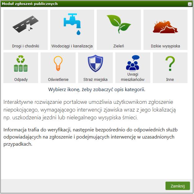 Zgłoszenia Publiczne Pojawia się okno informacyjne dotyczące kategorii zgłoszeń Po