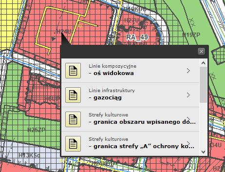 Planowanie przestrzenne Narzędziem Idetyfikacja wskazujemy interesującą nas działkę i pojawia się okienko z listą linii i stref