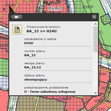 Planowanie przestrzenne Po wybraniu zakładki Przeznaczenie terenu uzyskujemy następujące informacje: Oznaczenie z rastra Numer planu Wersja