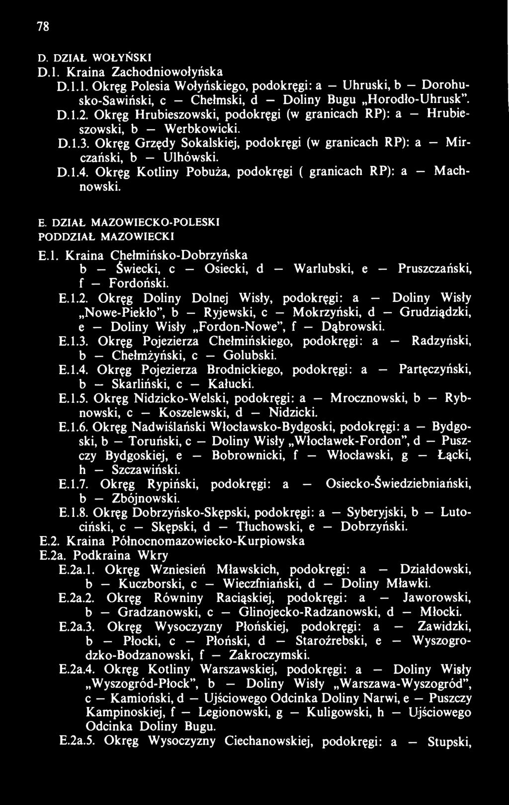 Okręg Kotliny Pobuża, podokręgi ( granicach RP): a Machnowski. E. DZIAŁ MAZOWIECKO-POLESKI PODDZIAŁ MAZOWIECKI E.l. Kraina Chełmińsko-Dobrzyńska b Świecki, c Osiecki, d Warlubski, e Pruszczański, f Fordoński.