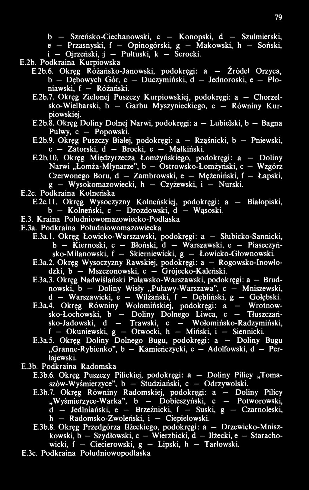 Okręg Zielonej Puszczy Kurpiowskiej, podokręgi: a Chorzelsko-Wielbarski, b Garbu Myszynieckiego, c Równiny Kurpiowskiej. E.2b.8.